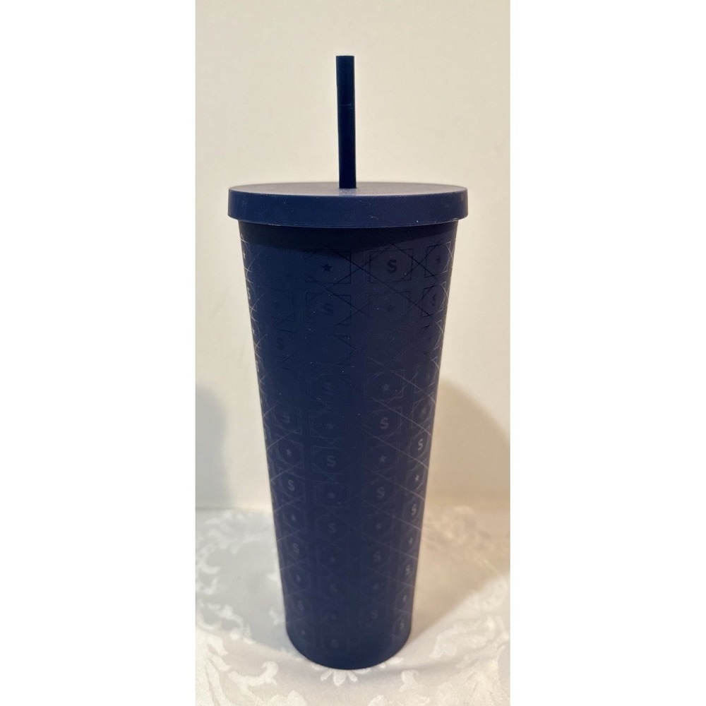 Starbucks 24 oz Plastic Tumbler CUP. Navy Blue with "S" and Stars embossed on it